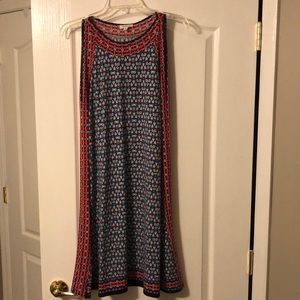 Midi length blue and red patterned dress